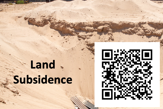 image of sandy land with the word "land subsidence" and a qr code overlayed.