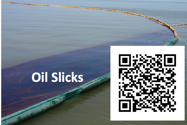 image of oily water, overlayed with the words "Oil Slick" and a QR code