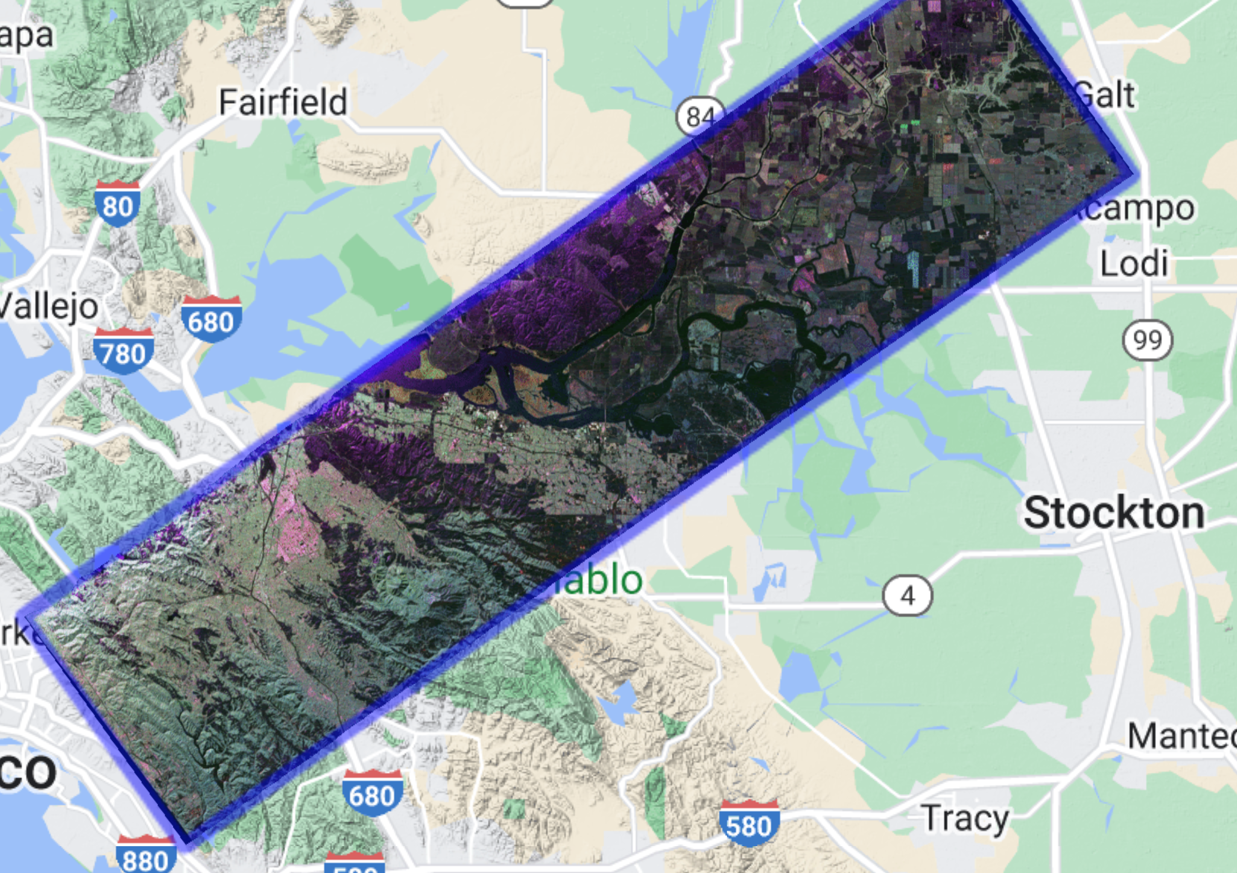 A rectangular satellite image overlaying a map of the same area with towns and interstates labeled. The town "Stockton" appears to the right of the satellite image.