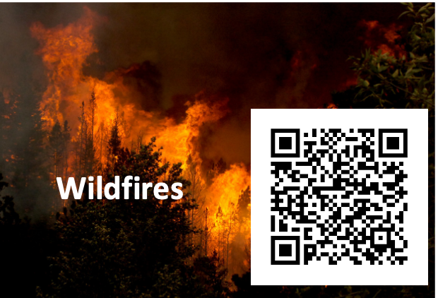 wildfire burning, overlayed with the word "wildfires" and a qr code