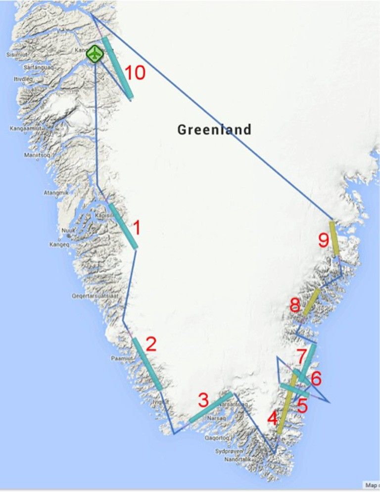 Image of Greenland detailing the NASA G-III flight plan