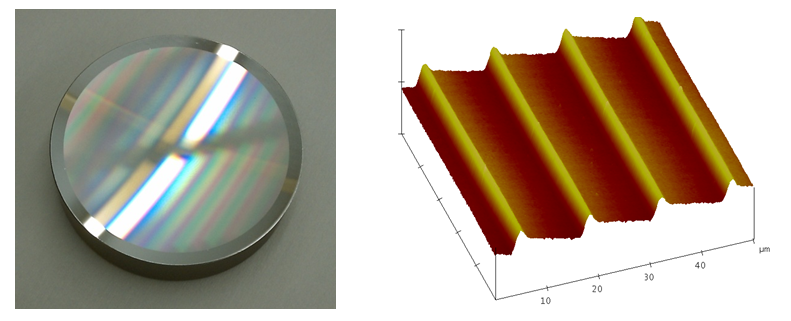 A two-panel image showing a diffraction grating. The left panel is a photograph of a circular, metallic diffraction grating that shows rainbow-colored reflections of light. The right panel is a 3D topographical map of the grating's surface, depicted in warm orange and brown tones, illustrating its periodic, wave-like grooves.