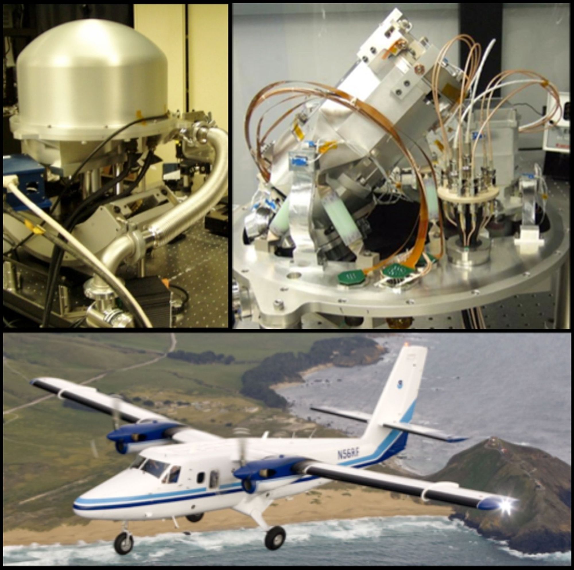 A collage of three images related to the PRISM airborne spectrometer. The top left image shows the instrument with a silver, dome-shaped housing. The top right image reveals the complex internal components and wiring of the spectrometer. The bottom image shows the white and blue twin-engine propeller plane that carries the instrument, flying low over a rugged coastline.