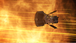 NASA's Parker Solar Probe -- with its heat shield facing forward and twin solar panels partially extended -- flies through particles in space.