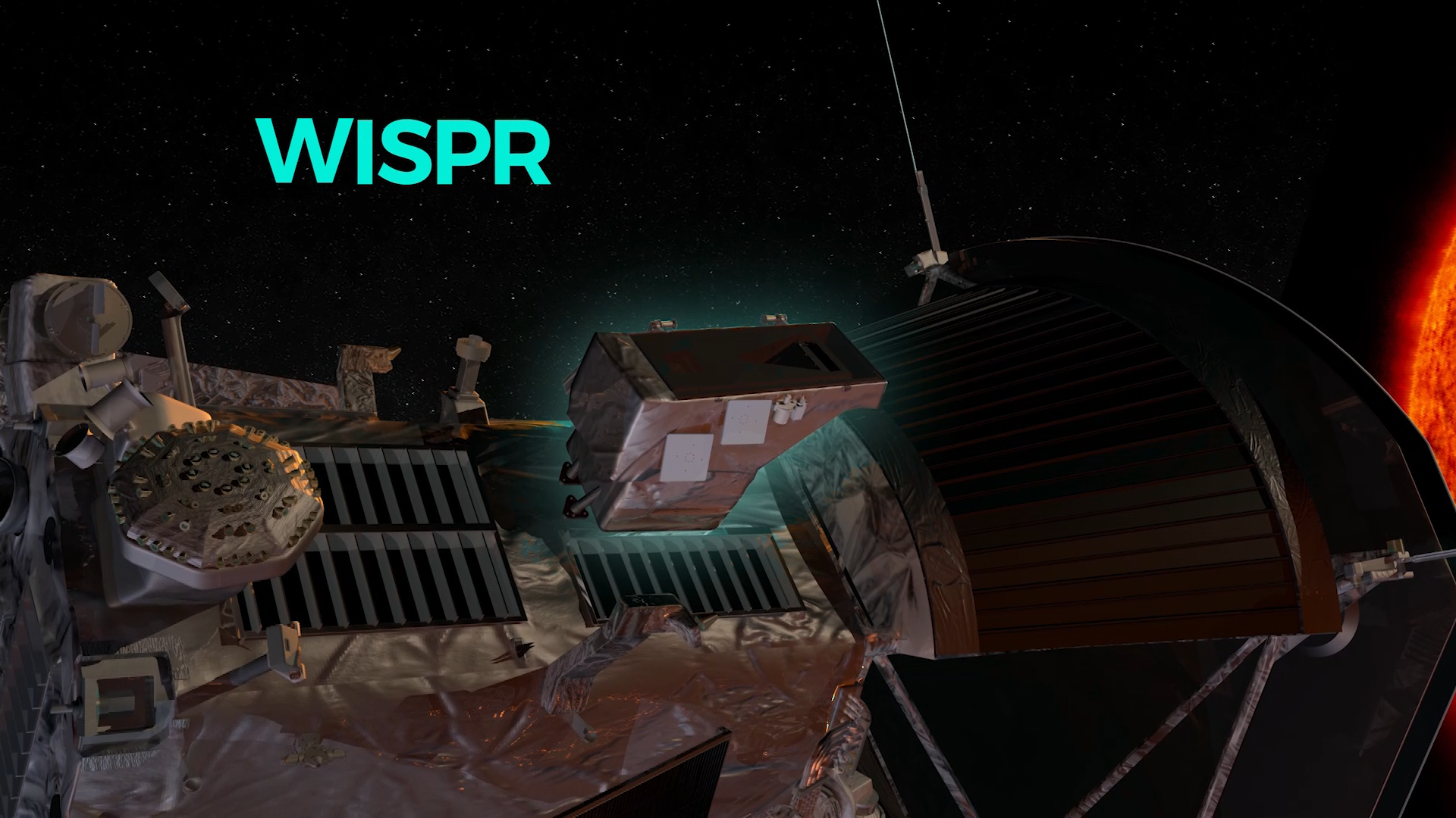 A visualization shows part of the Parker Solar Probe against a background of stars with a portion of the Sun appearing on the right. Extending from the upper portion of the spacecraft and highlighted in green is rectangular instrument somewhat shaped like a diving board, with a narrow base and a long, flat, horizontal top. The name "WISPR" appears above it in green.