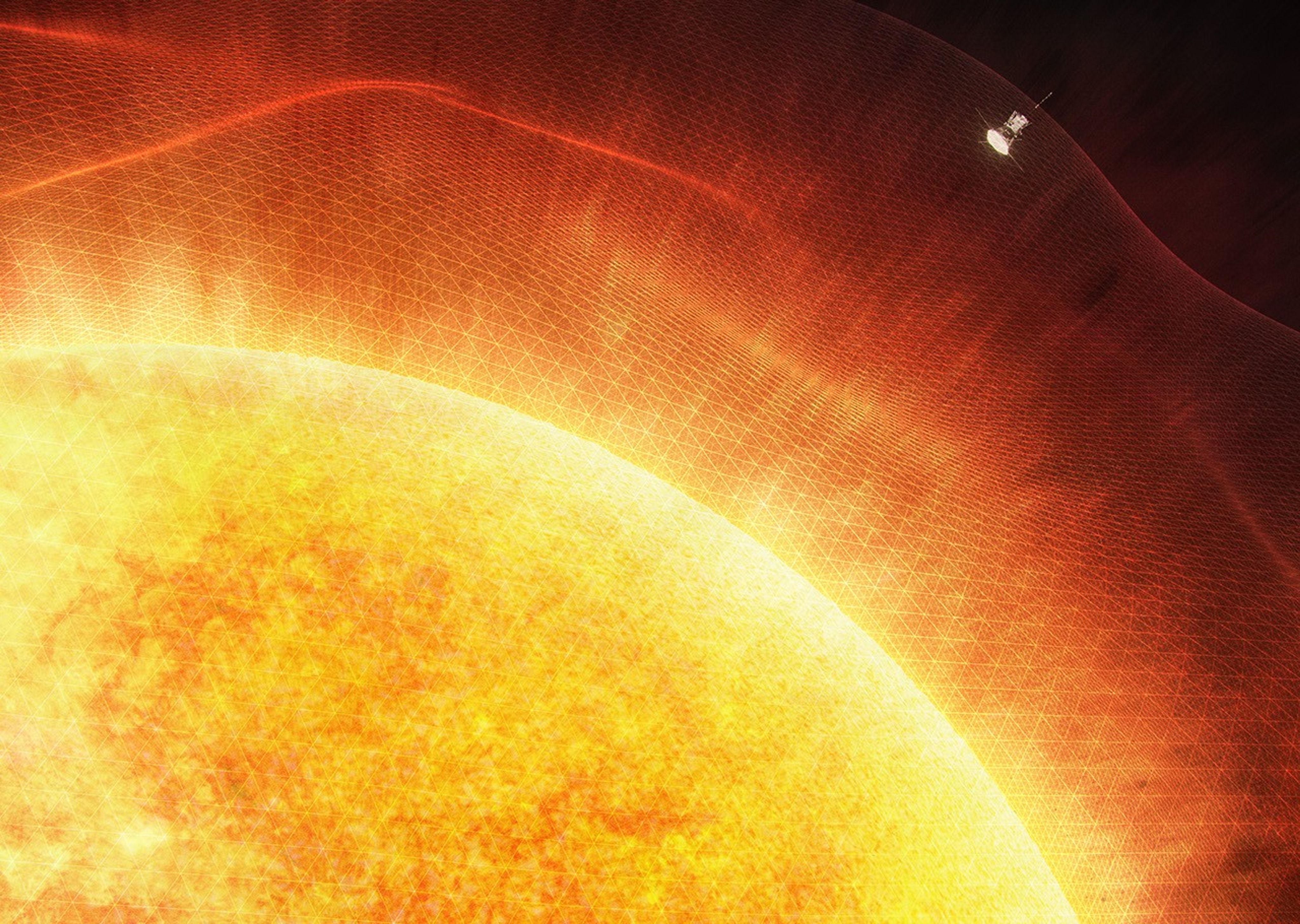 Illustration of the Parker Solar Probe near the Sun, showing a glowing, fiery orange and yellow solar surface with a grid-like texture representing the Sun&#039;s outer atmosphere. The spacecraft appears small, glowing white, and is positioned near the upper right corner, surrounded by the intense solar environment.