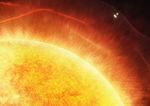 Illustration of the Parker Solar Probe near the Sun, showing a glowing, fiery orange and yellow solar surface with a grid-like texture representing the Sun's outer atmosphere. The spacecraft appears small, glowing white, and is positioned near the upper right corner, surrounded by the intense solar environment.