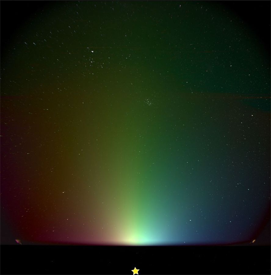 A hazy rainbow-colored glow rises from the bottom of the view, with colors transitioning from red on the far left to green in the center and blue on the far right. The glow is brightest near the bottom center, just above a yellow star symbol, and gradually fades moving upward. The background is black and speckled with stars, including a small cluster to the upper right of center and a larger, V-shaped arrangement of stars in the upper left.