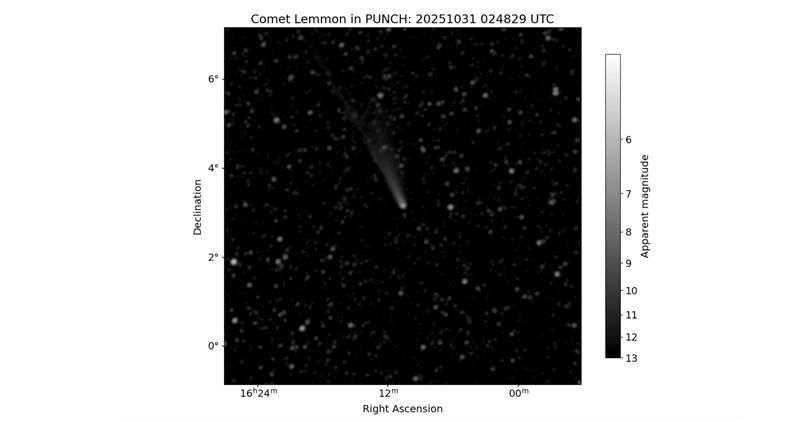 A black-and-white image shows a comet against a background of stars. At the top is a date and time stamp that reads 20251031 024829 UTC. Along the bottom and left sides are markers showing Right Ascension and Declination coordinates, respectively. A faint white tail stretches up and to the left away from the comet's bright white head, or coma, at the center of the image.