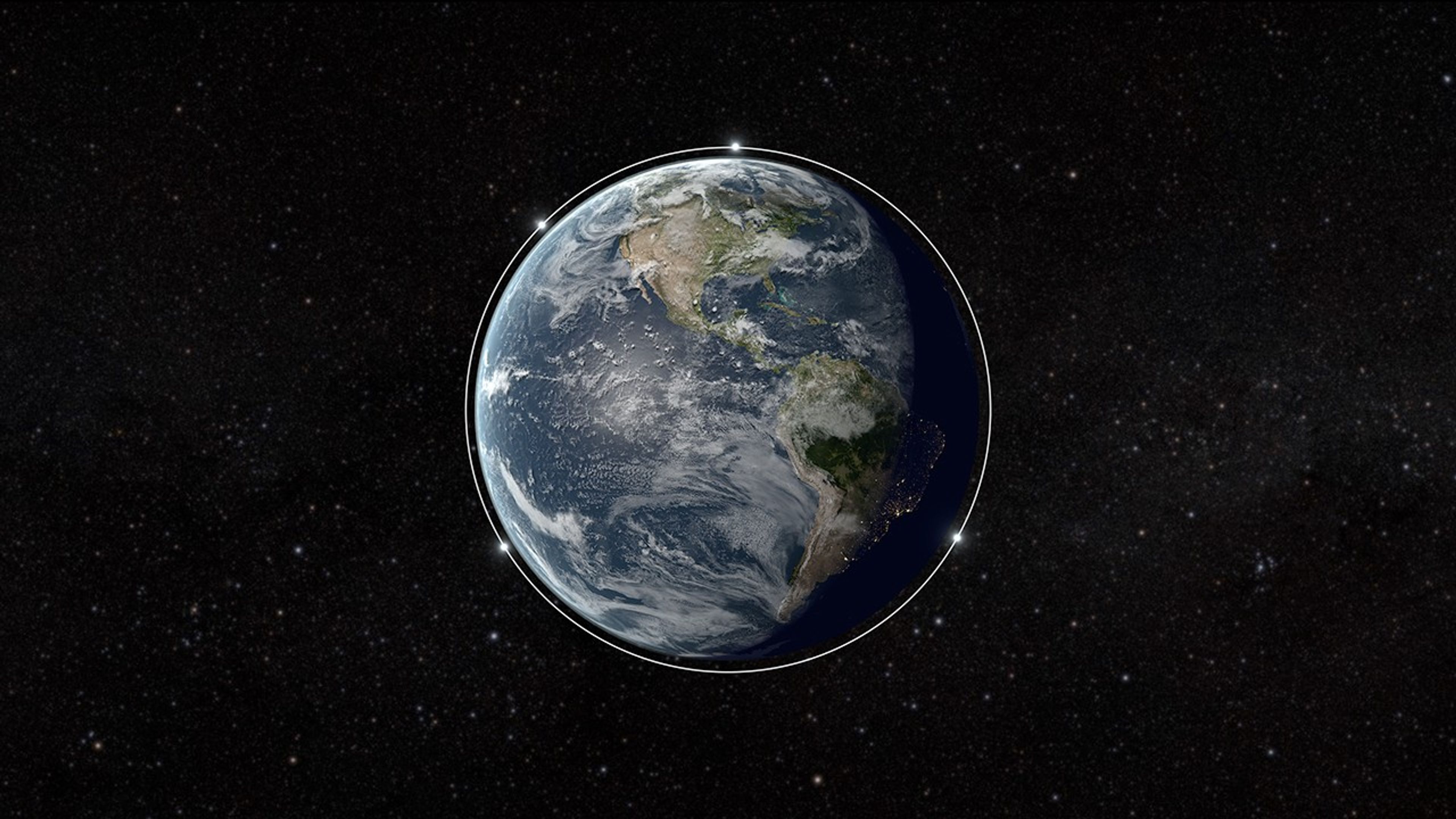 A visualization shows Earth with four bright white dots, representing NASA's four PUNCH spacecraft. The spacecraft are spread around Earth, with one at the 12 o'clock position, one at the 4 o'clock position, one at the 8 o'clock position, and one at the 10 o'clock position.