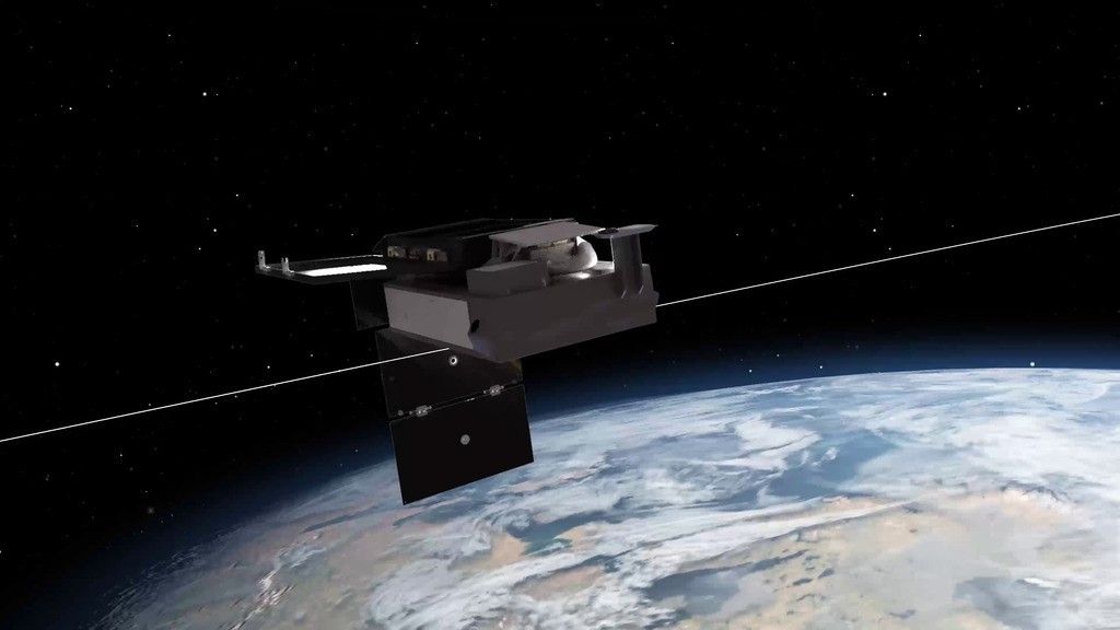 The wide field imager, which is like a gray horizontal rectangle, with a flat panel protruding from one side. Earth fills the bottom right of the image. A line above the planet shows the orbit.