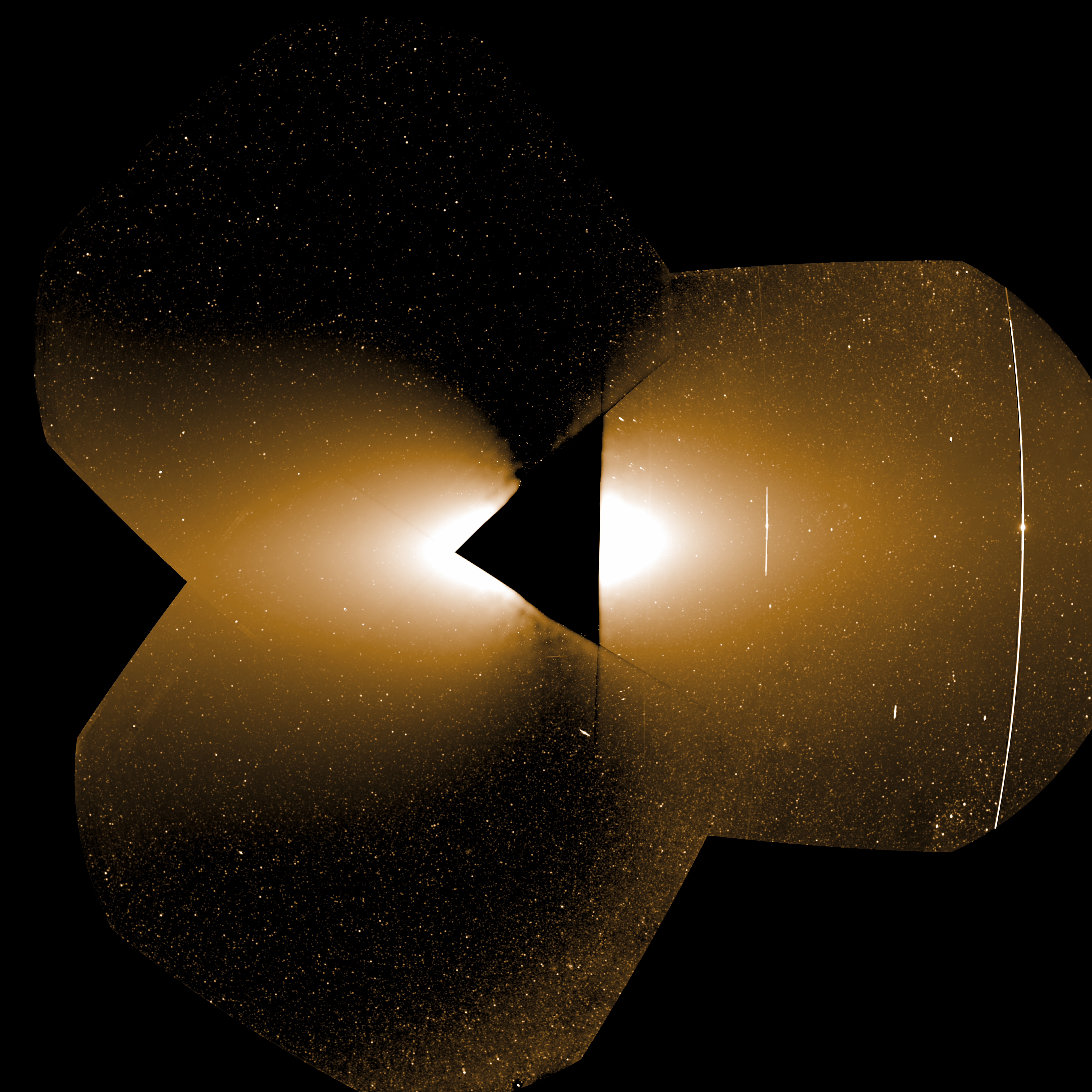 Three overlapping images form a mosaic that shows numerous background stars and a bright glow from the Sun. A triangular blank space is left at the center of the mosaic, bordered by the inner edges of the three images. Around this blank area in the images, where the Sun would be, is a bright white glow of sunlight that transitions to a dimmer yellow glow farther from the center. In the rightmost image are two vertical white streaks extending from two bright dots (the planets Mercury and Venus).