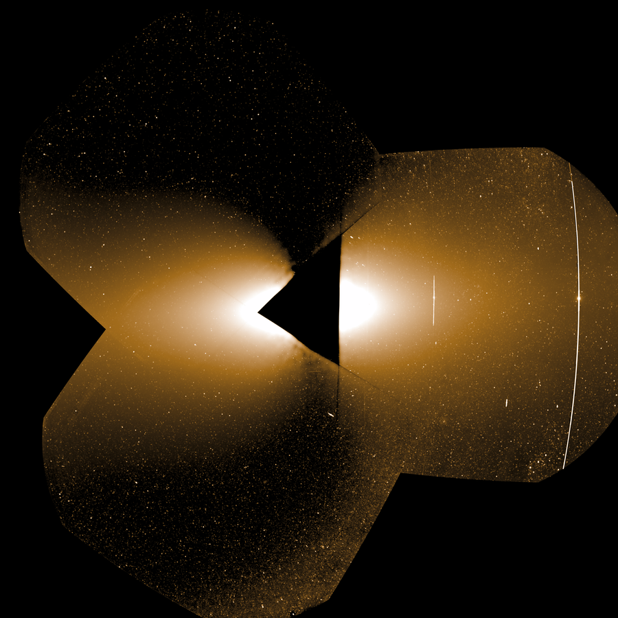 Three overlapping images form a mosaic that shows numerous background stars and a bright glow from the Sun. A triangular blank space is left at the center of the mosaic, bordered by the inner edges of the three images. Around this blank area in the images, where the Sun would be, is a bright white glow of sunlight that transitions to a dimmer yellow glow farther from the center. In the rightmost image are two vertical white streaks extending from two bright dots (the planets Mercury and Venus).