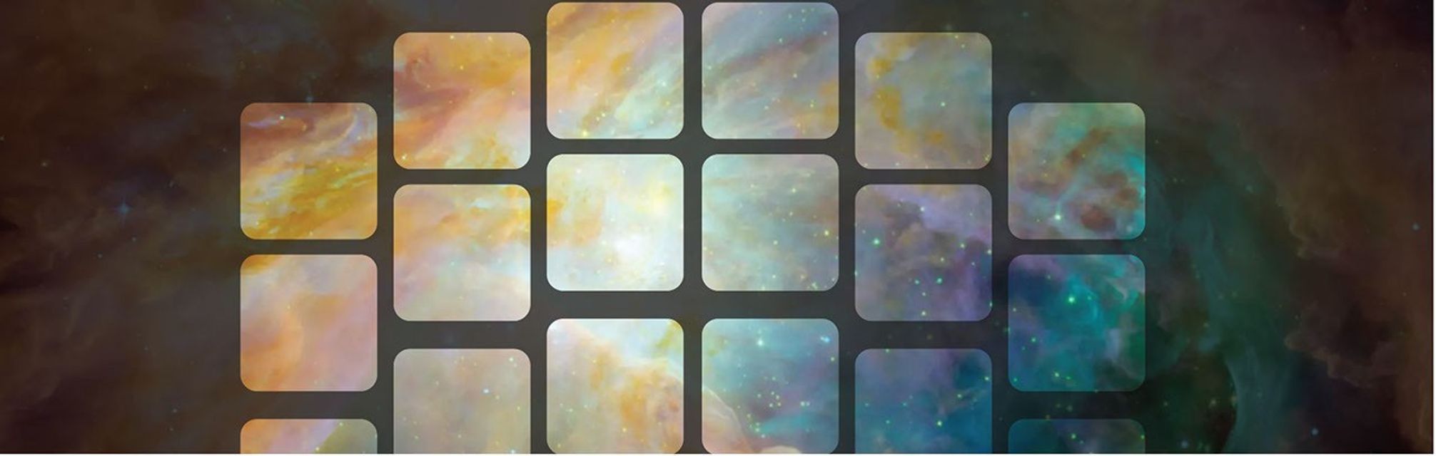 A semi-transparent grid of rectangles overlays a colorful nebula, featuring shades of blue, purple, orange, and yellow.