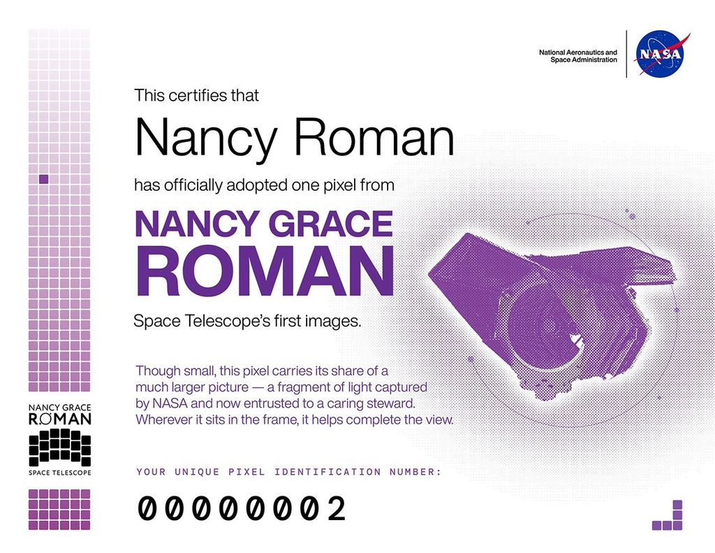 A certificate for someone who adopts a pixel from the first images from NASA's Nancy Grace Roman Space Telescope.