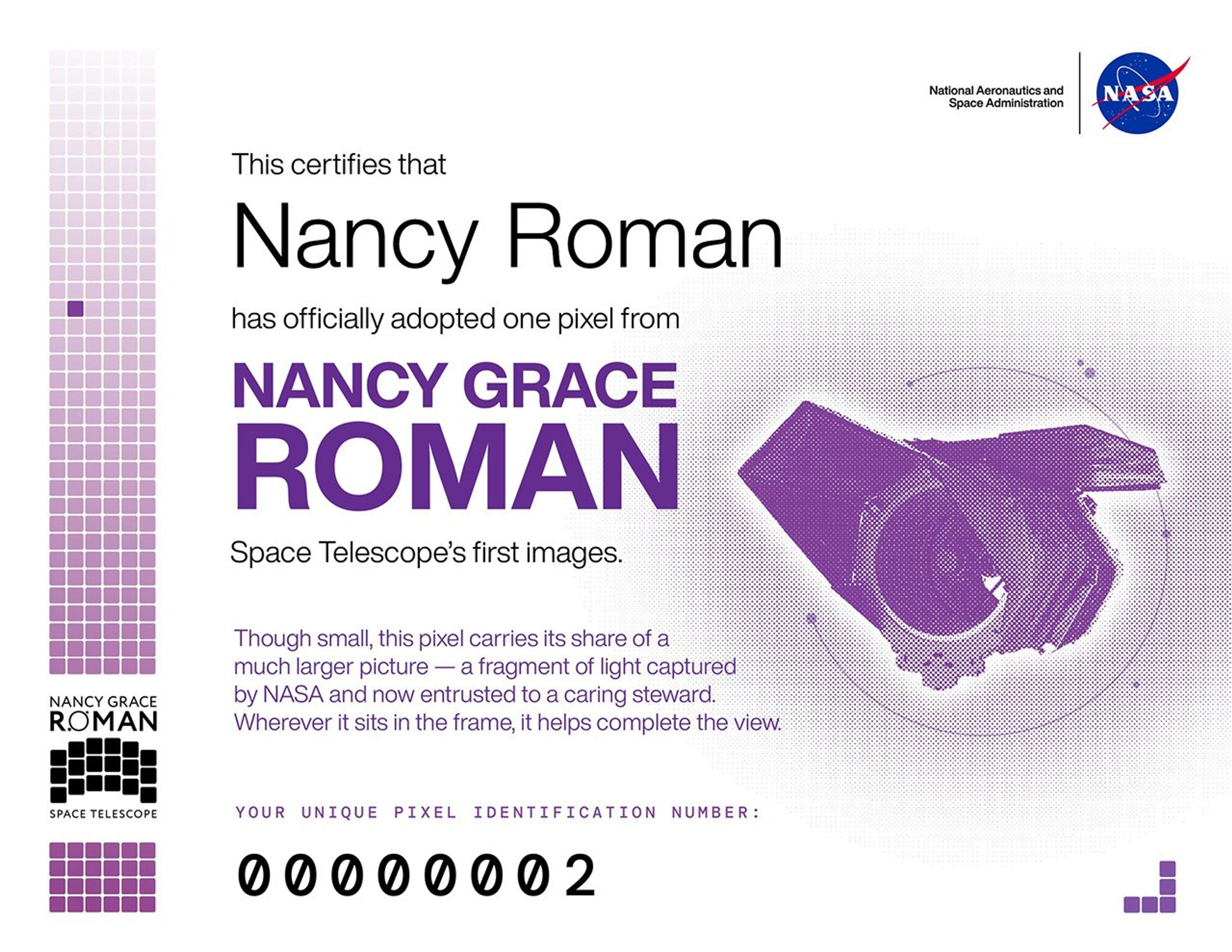A certificate for someone who adopts a pixel from the first images from NASA's Nancy Grace Roman Space Telescope.