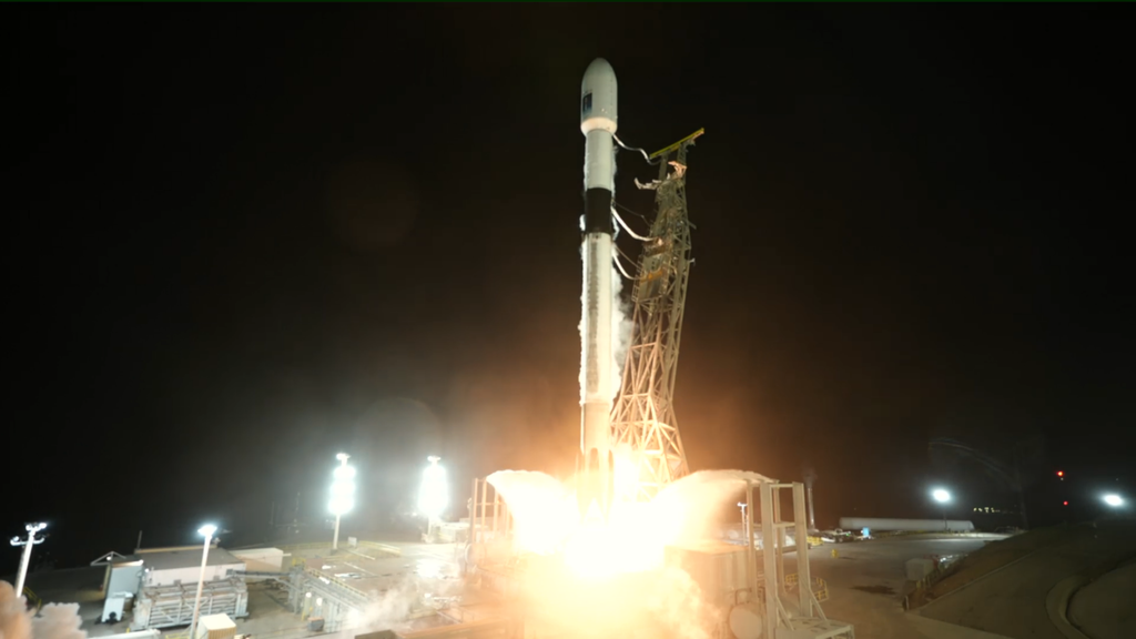 Image shows a fiery ignition of a SpaceX rocket carrying NASA's Sentinel-6B spacecraft.
