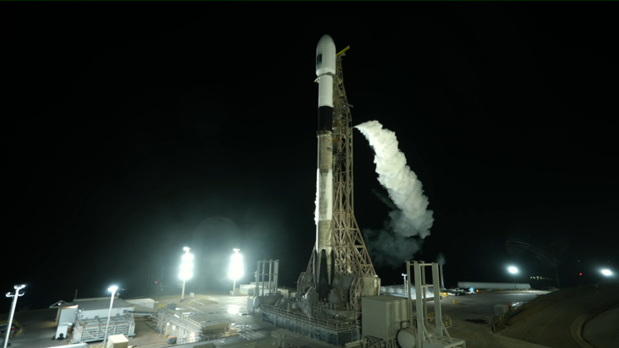 Image shows a white Space X rocket with NASA's Sentinel-6B atop the rocket in California. Photo credit: NASA