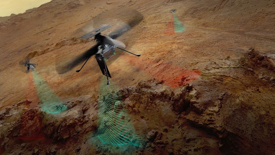 Three drone helicopters fly over a barren, reddish-brown rocky landscape. The foreground drone and two smaller drones in the background all project wavy, translucent red and green beams of light downward onto the rugged terrain below.