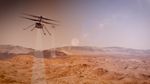 Artist's concept of two SkyFall robotic helicopters flying in tandem over a rugged Martian landscape. In the upper left foreground, the primary helicopter is shown in mid-flight with its dual coaxial rotors spinning, while a second, identical helicopter trails slightly behind it in the distance. Both spacecraft are projecting pale, translucent, cone-shaped sensor beams downward, representing scans with their their ground penetrating radar on the reddish-brown rocky ridges and sandy dunes below. The background features distant crater rims and mountains under a hazy, pale orange sky, accented by a prominent diagonal string of hexagonal pink and purple lens flares.