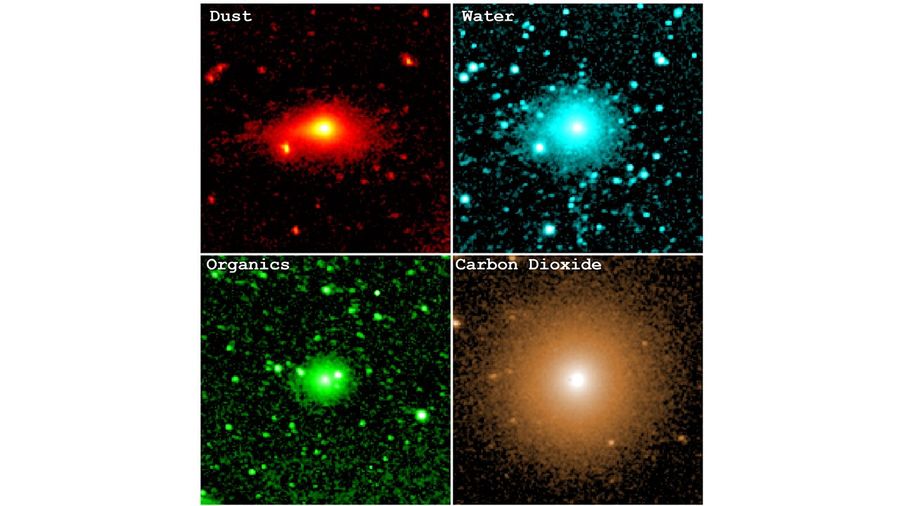 These observations by NASA’s SPHEREx show the infrared light emitted by the dust, water, organic molecules, and carbon dioxide contained within comet 3I/ATLAS’s coma during the mission’s December 2025 campaign.
