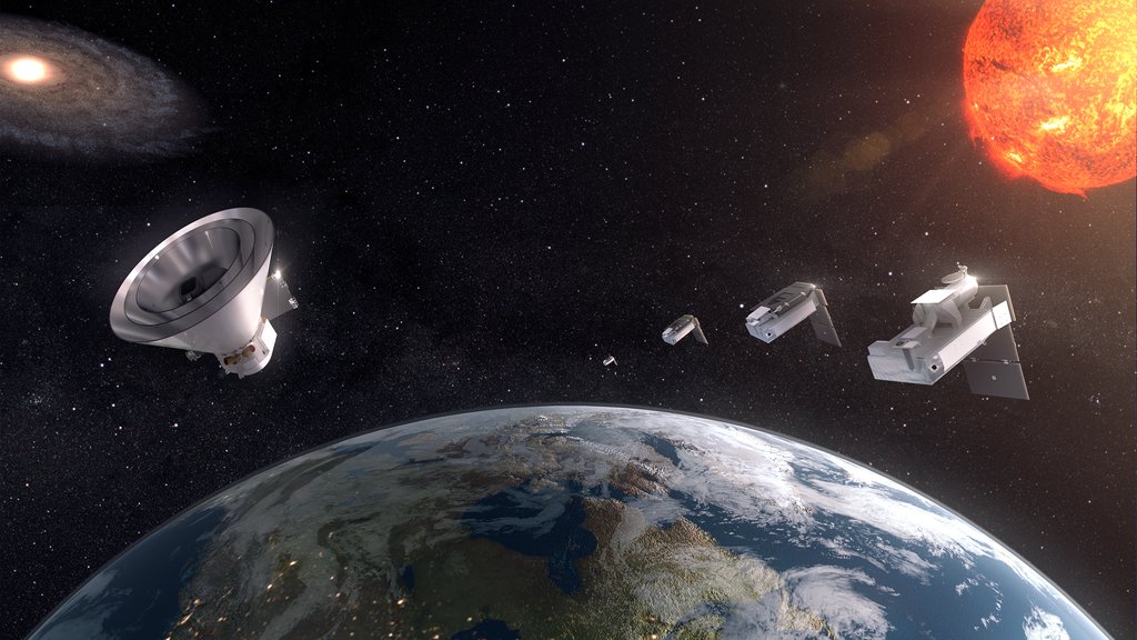 An artistic rendering of a space mission shows multiple spacecraft and satellite components in Earth's orbit. The Earth is partially visible in the foreground, with city lights and cloud cover. A large telescope-like spacecraft is on the left, while several other satellite modules are drifting toward the right, with the Sun glowing in the background. A distant galaxy is also visible in deep space.