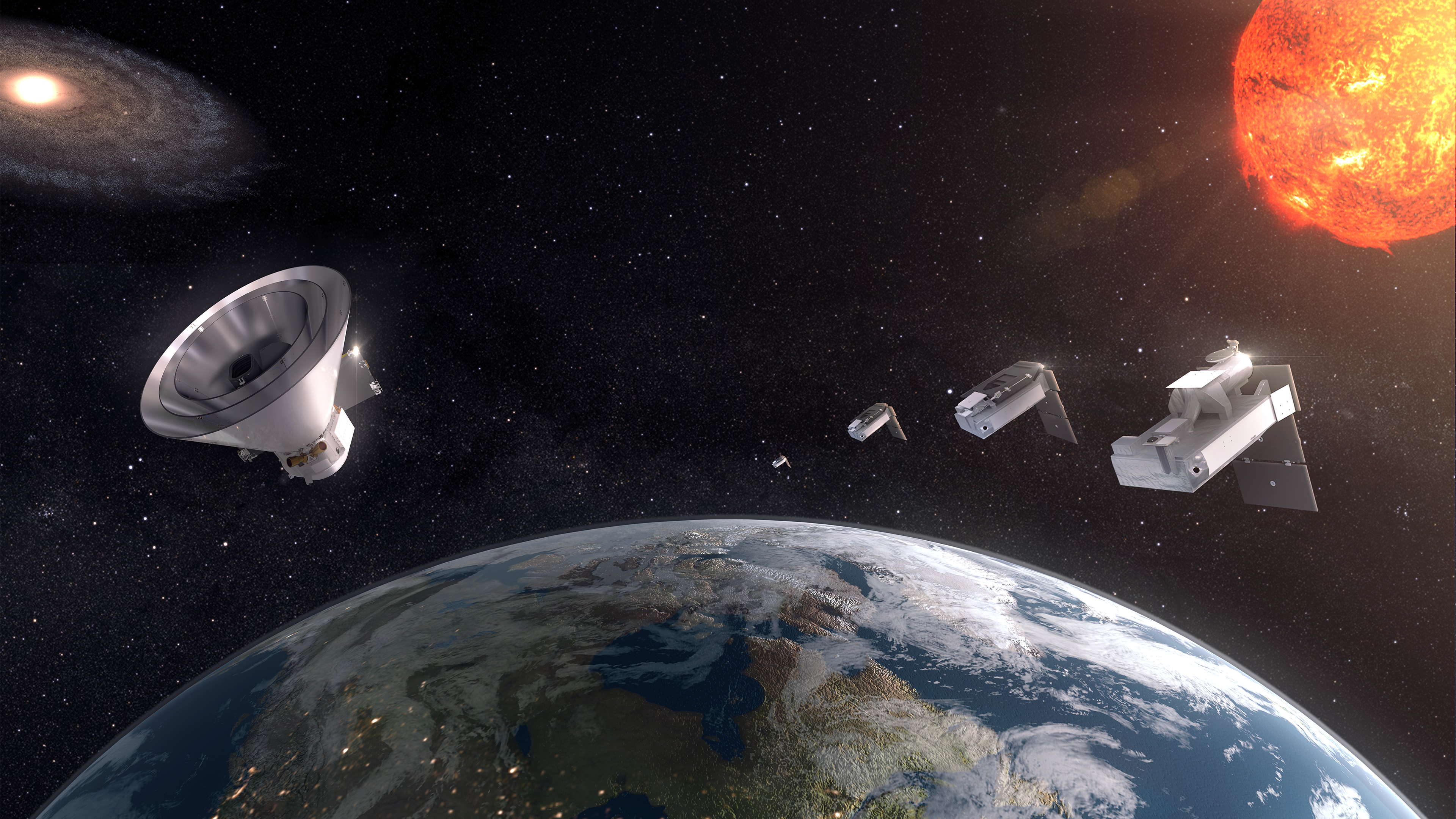 An artistic rendering of a space mission shows multiple spacecraft and satellite components in Earth's orbit. The Earth is partially visible in the foreground, with city lights and cloud cover. A large telescope-like spacecraft is on the left, while several other satellite modules are drifting toward the right, with the Sun glowing in the background. A distant galaxy is also visible in deep space.
