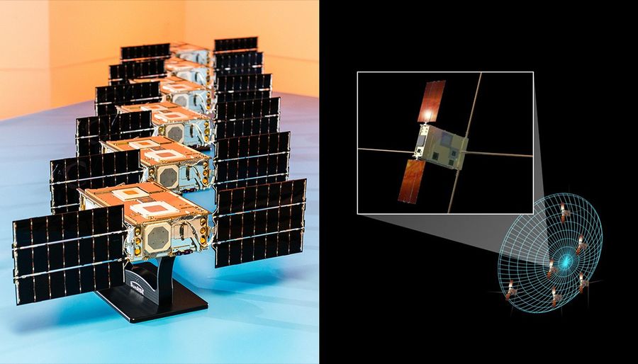 NASA's SunRISE satellites on the left and artist's concept on the right