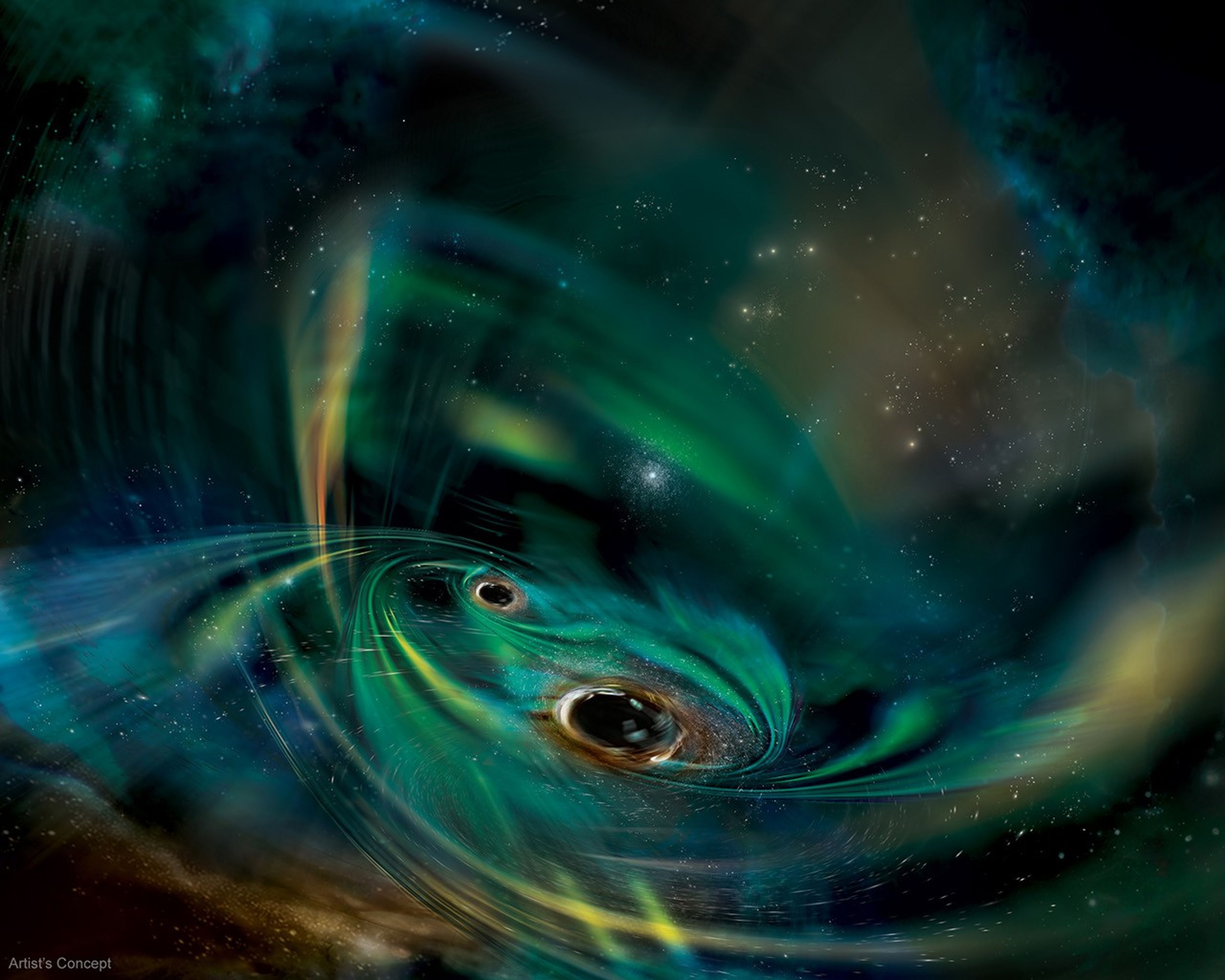 Two black holes are illustrated orbiting in a cloud of gas.