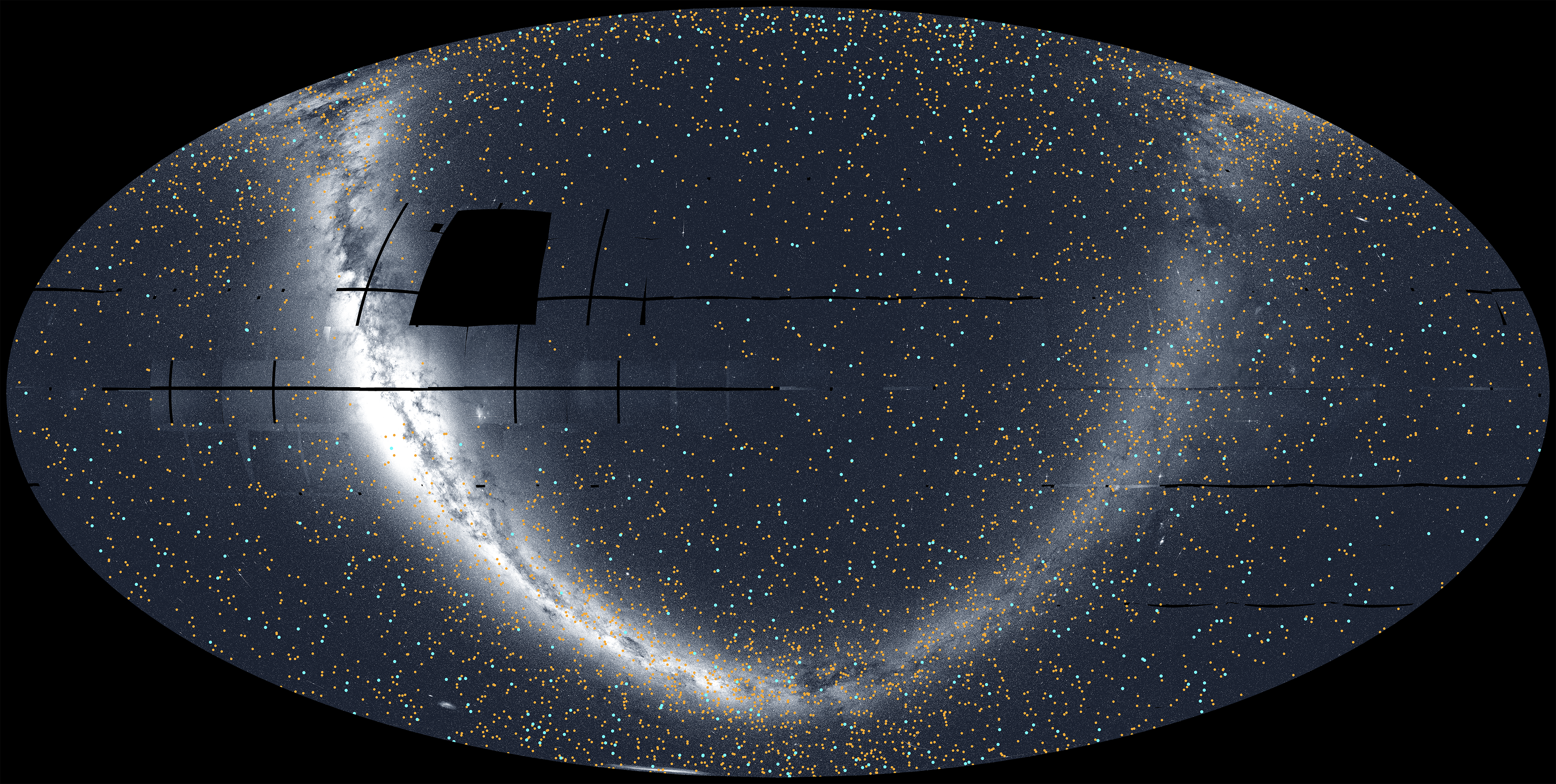 Oval projection of the TESS night sky with exoplanet markers