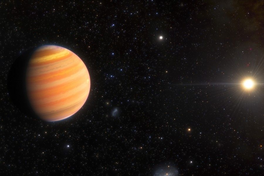 An orange planet orbits a distant star