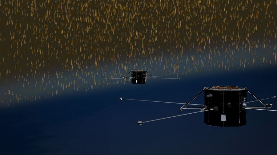 Two black satelittes over a dark blue background that represents Earth's atmosphere. Yellow lines are streaking around the satellites, representing solar wind entering Earth's atmosphere.