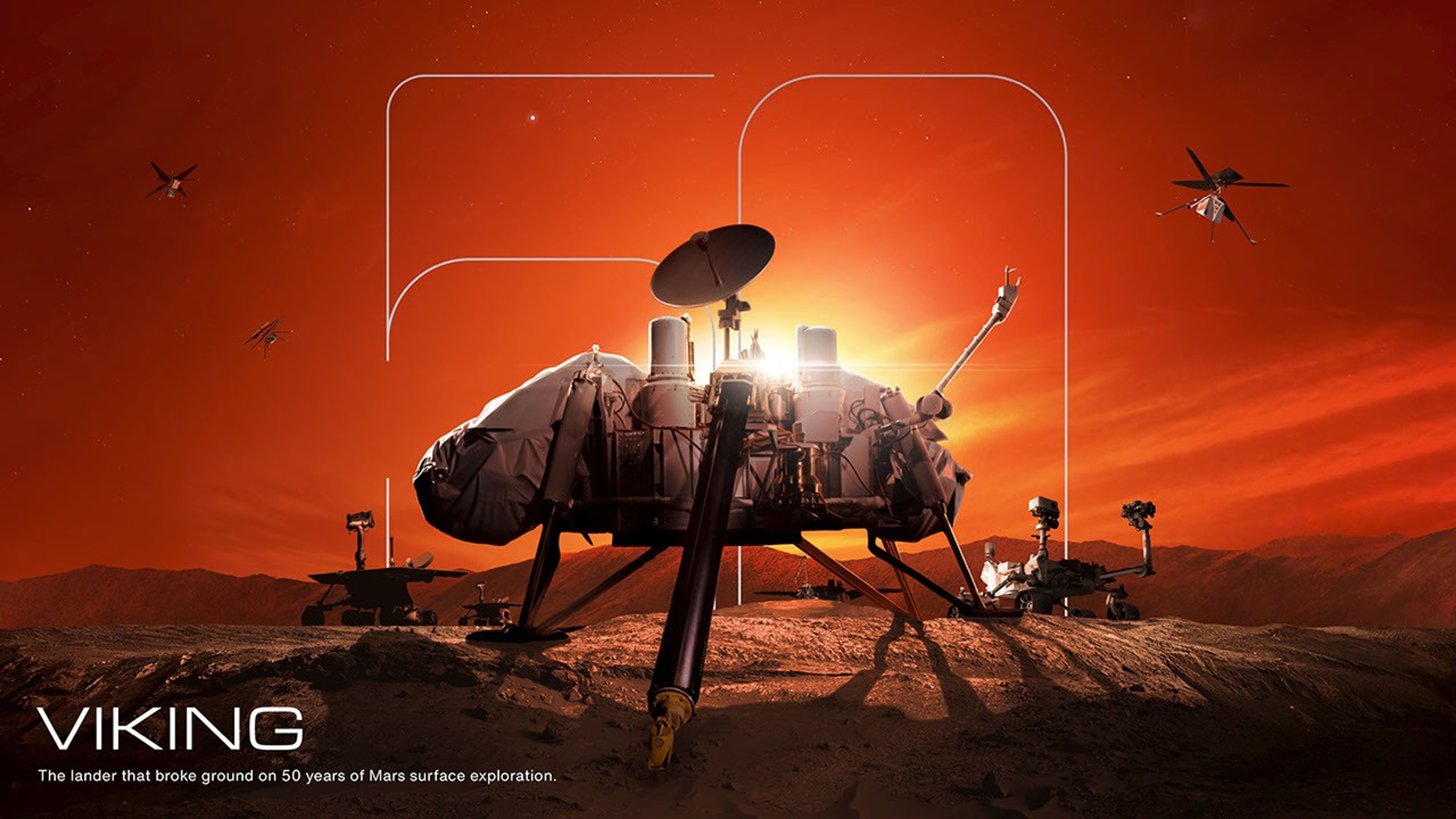 A commemorative NASA poster featuring an artist's concept of the Viking lander resting on a rocky Martian landscape. A bright sun sets directly behind the lander, casting a brilliant backlight against a vibrant orange sky that slowly fades into a starry backdrop at the top. A faint, thin white outline of a massive number "50" frames the lander in the background sky. Scattered in the sky and silhouetted along the horizon are various other Mars exploration vehicles from the past 50 years, including three small helicopters overhead, representing the future SkyFall mission, the InSight lander in the far background, the Perseverance rover at right, and the Spirit and Opportunity rovers at left. The NASA logo is in the top right corner. At the bottom left, large white text reads "VIKING," followed by a smaller subheadline: "The lander that broke ground on 50 years of Mars surface exploration."