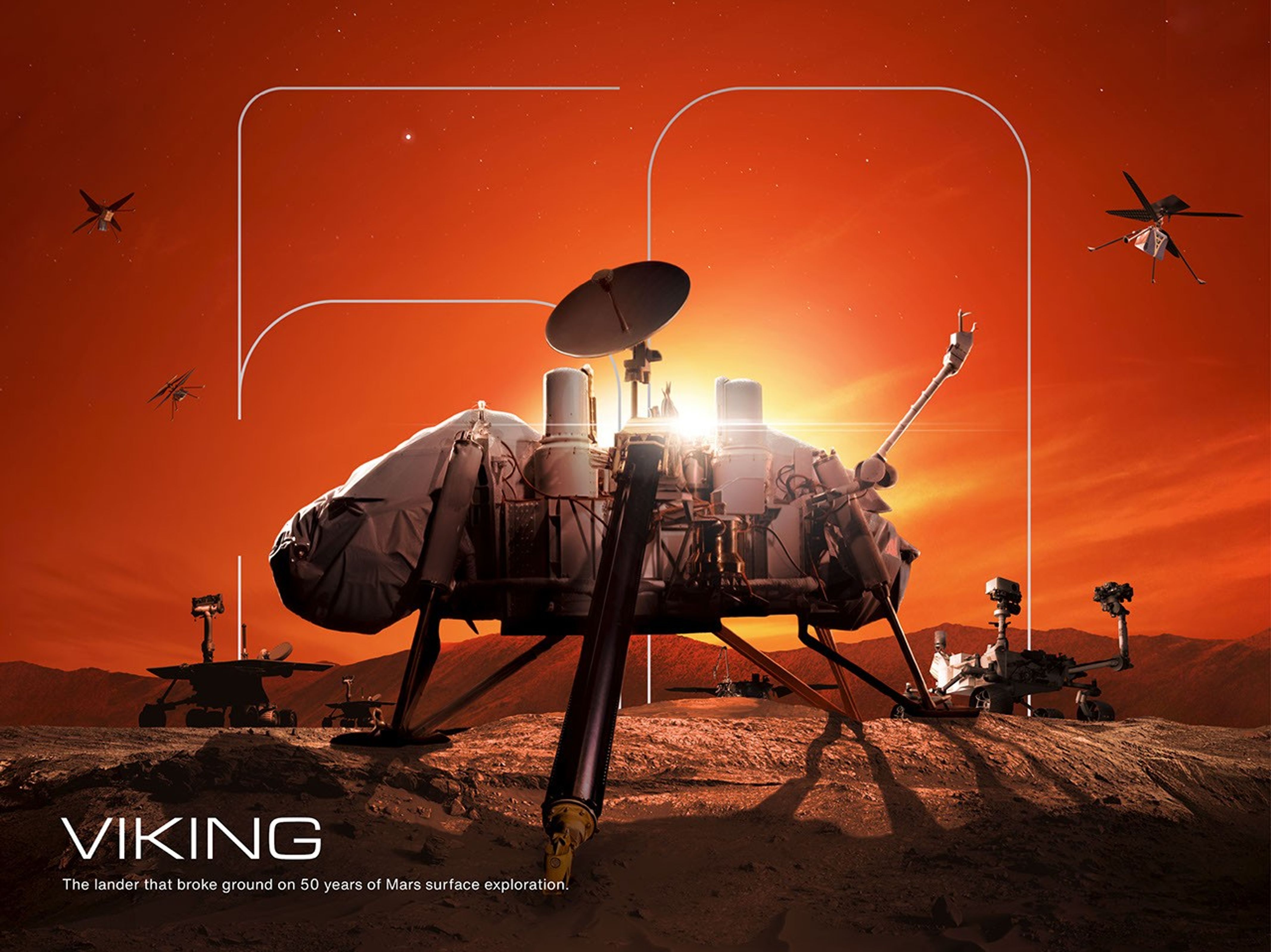 A commemorative NASA poster featuring an artist's concept of the Viking lander resting on a rocky Martian landscape. A bright sun sets directly behind the lander, casting a brilliant backlight against a vibrant orange sky that slowly fades into a starry backdrop at the top. A faint, thin white outline of a massive number "50" frames the lander in the background sky. Scattered in the sky and silhouetted along the horizon are various other Mars exploration vehicles from the past 50 years, including three small helicopters overhead, representing the future SkyFall mission, the InSight lander in the far background, the Perseverance rover at right, and the Spirit and Opportunity rovers at left. The NASA logo is in the top right corner. At the bottom left, large white text reads "VIKING," followed by a smaller subheadline: "The lander that broke ground on 50 years of Mars surface exploration."