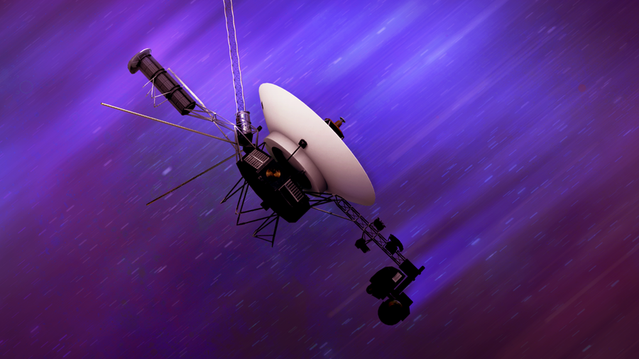 Artist concept of the Voyager spacecraft in space with purple and blue background