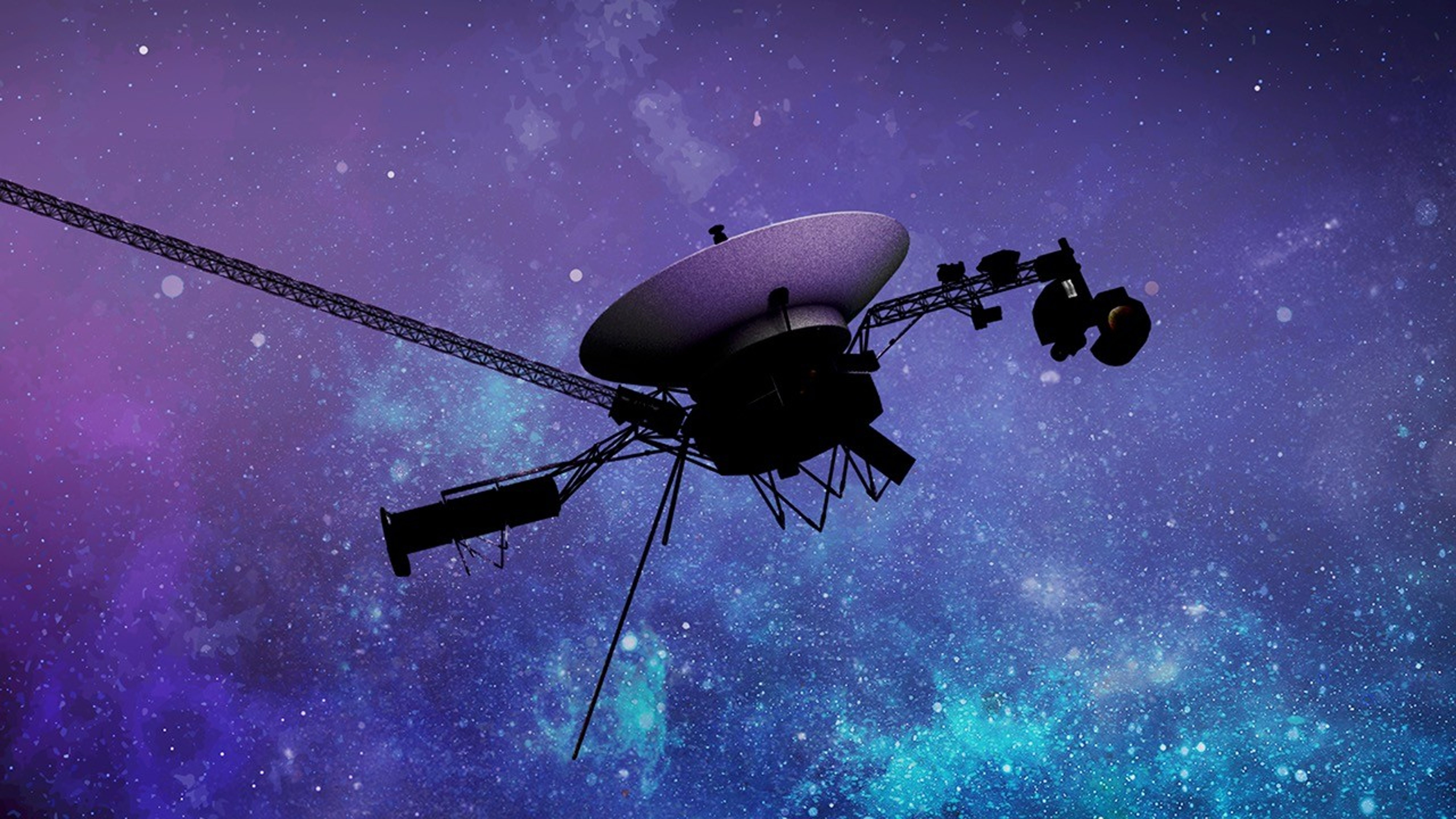 Artist concept of the Voyager spacecraft in space with purple and blue background