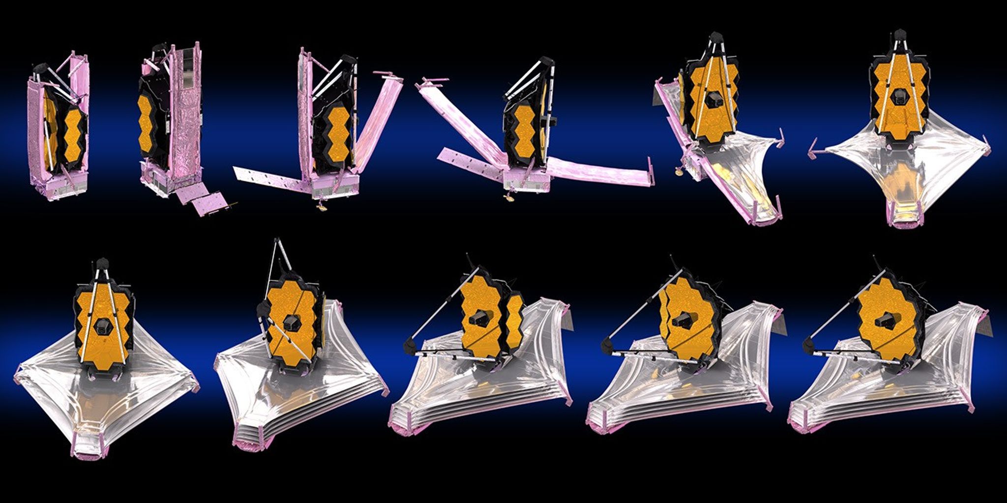 A sequence of deployment step images from the launch pad to fully deployed