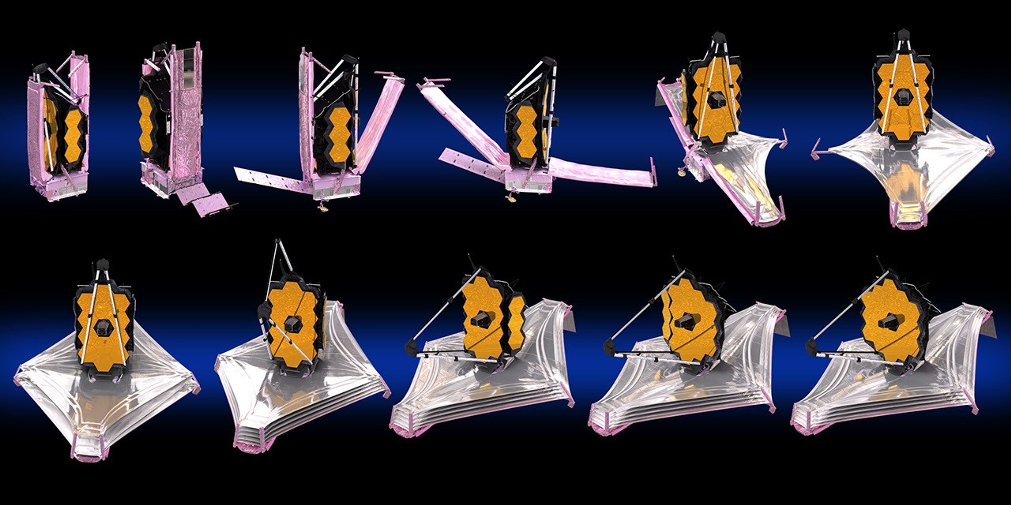 A sequence of deployment step images from the launch pad to fully deployed