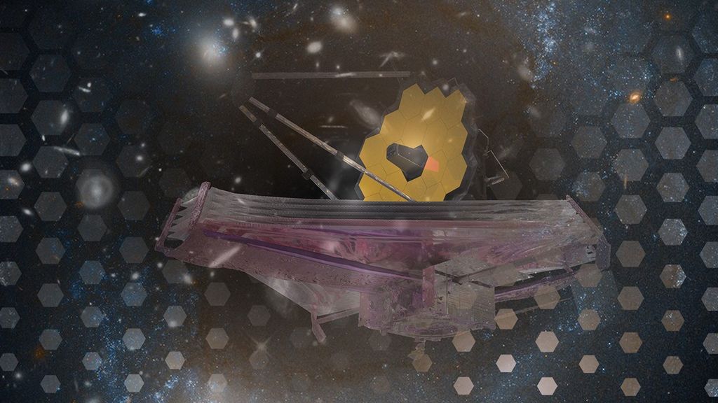Artist's composite of Webb spacecraft, science images and hexagons.
