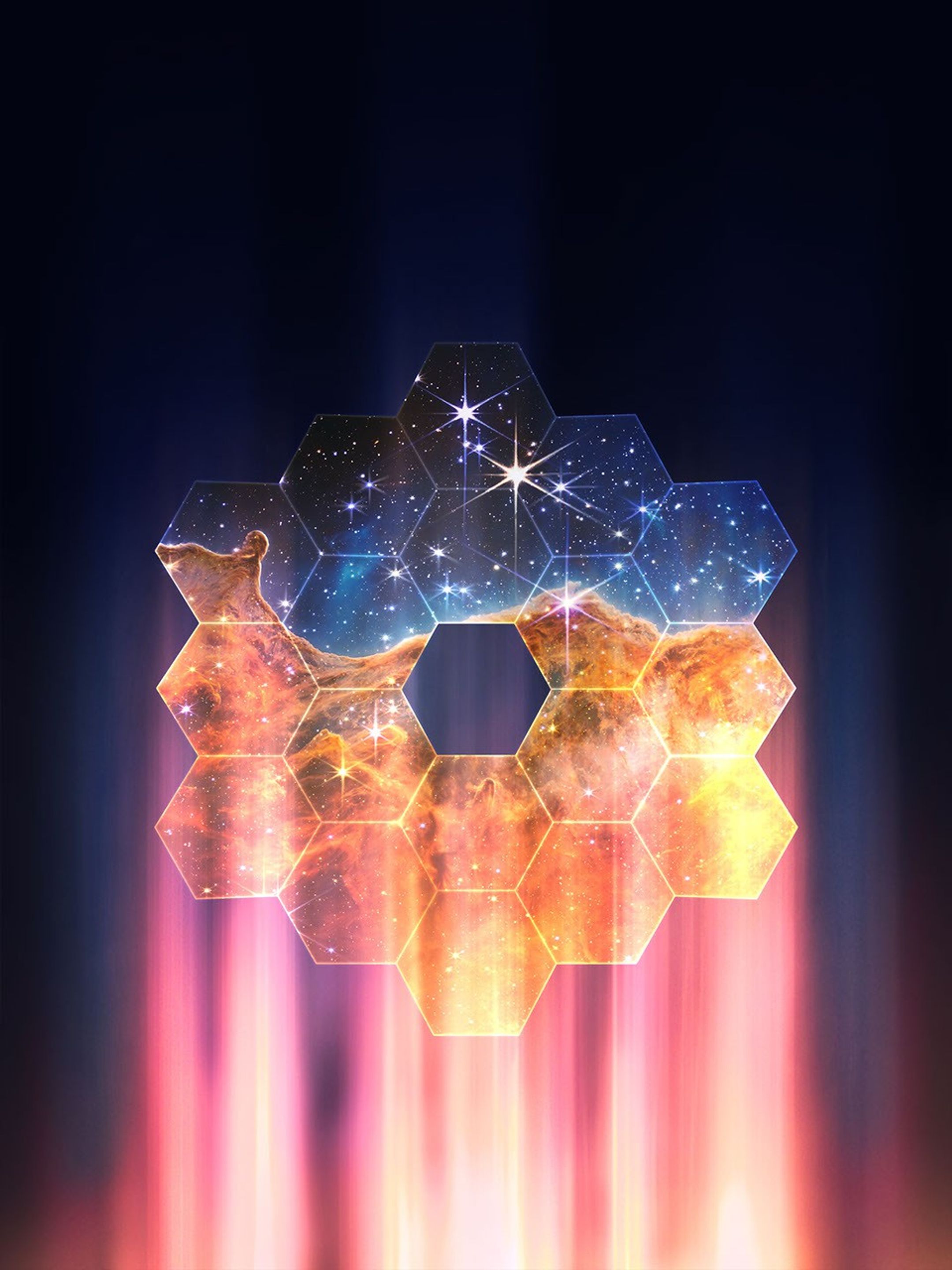Artistic rendering of the James Webb Space Telescope’s segmented mirror displaying a cosmic scene of stars and nebulae, with glowing light beams below.