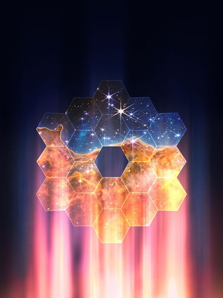 Artistic rendering of the James Webb Space Telescope’s segmented mirror displaying a cosmic scene of stars and nebulae, with glowing light beams below.