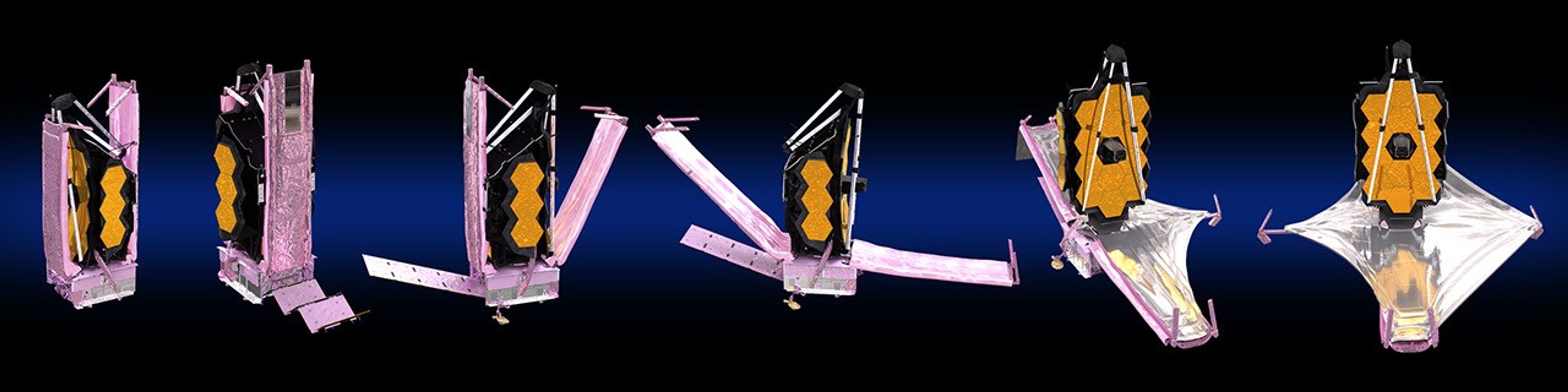 A sample of Webb's deployment steps show in a row on black background with deep blue glow.