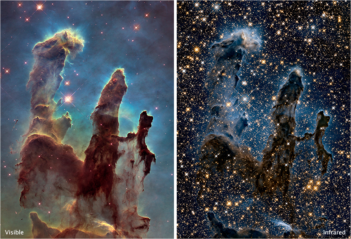 Side-by-side comparison of the Pillars of Creation as seen by the Hubble Space Telescope. At left is the visible-light view, and at right is the near-infrared-light view.