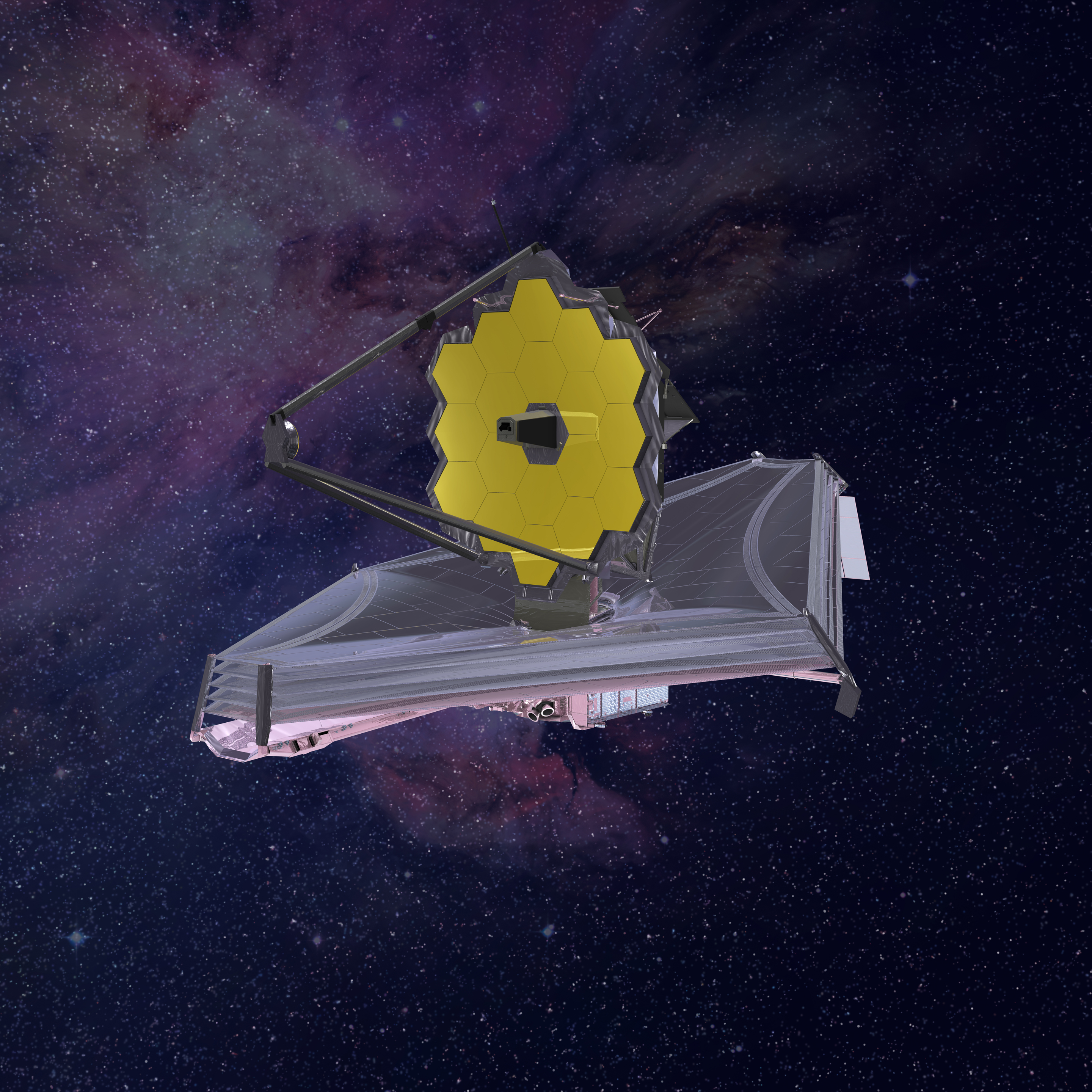 James Webb Telescope seen from its left (or port) side. This view shows part of the top of the telescope’s multi-layered sunshield, its primary mirror, and mirror support struts.