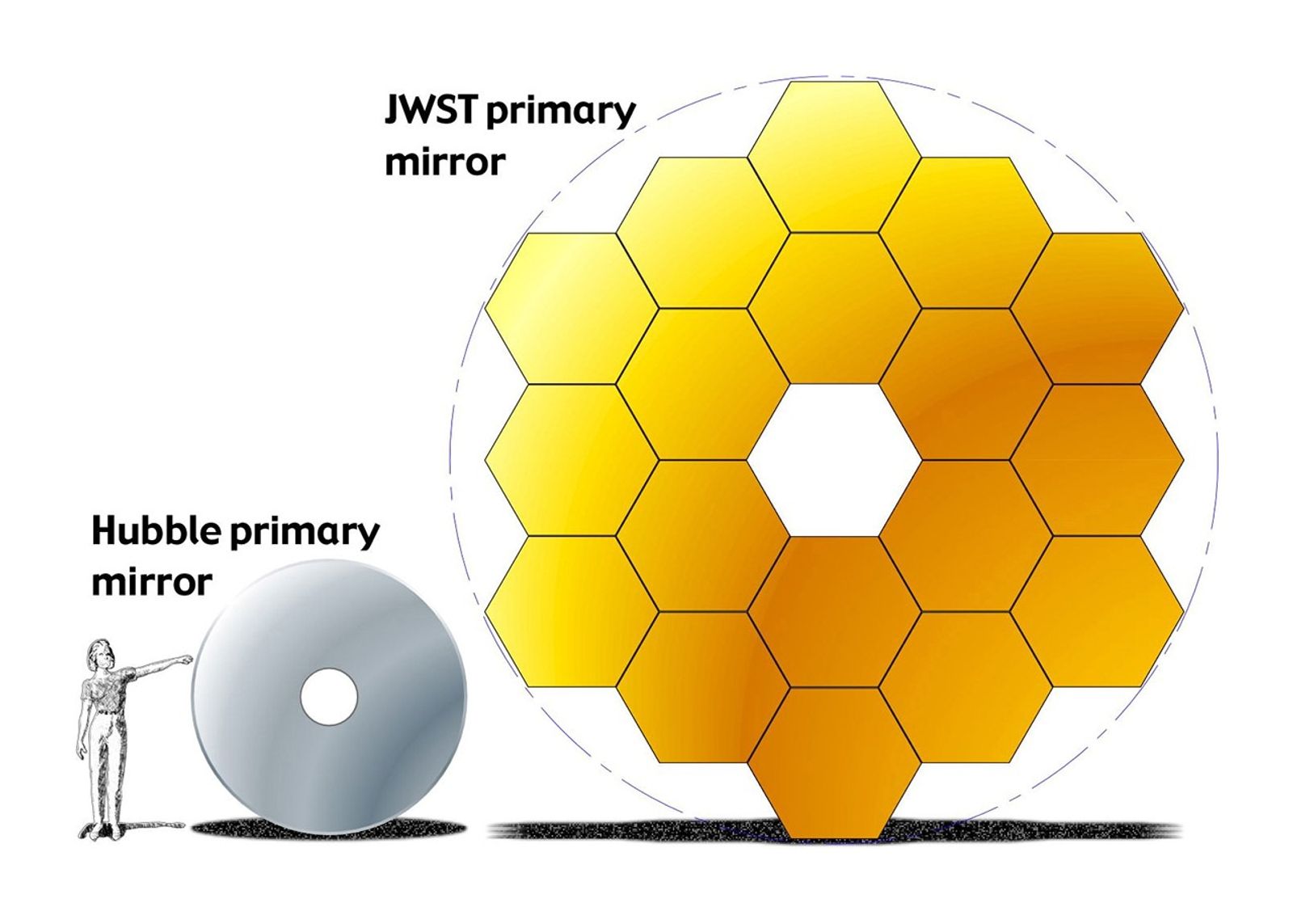 Graphic of the Hubble Space Telescope’s primary mirror next to the James Webb Space Telescope’s primary mirror. A figure of an average person appears next to Hubble’s primary mirror, which dwarfs the person by about two feet.