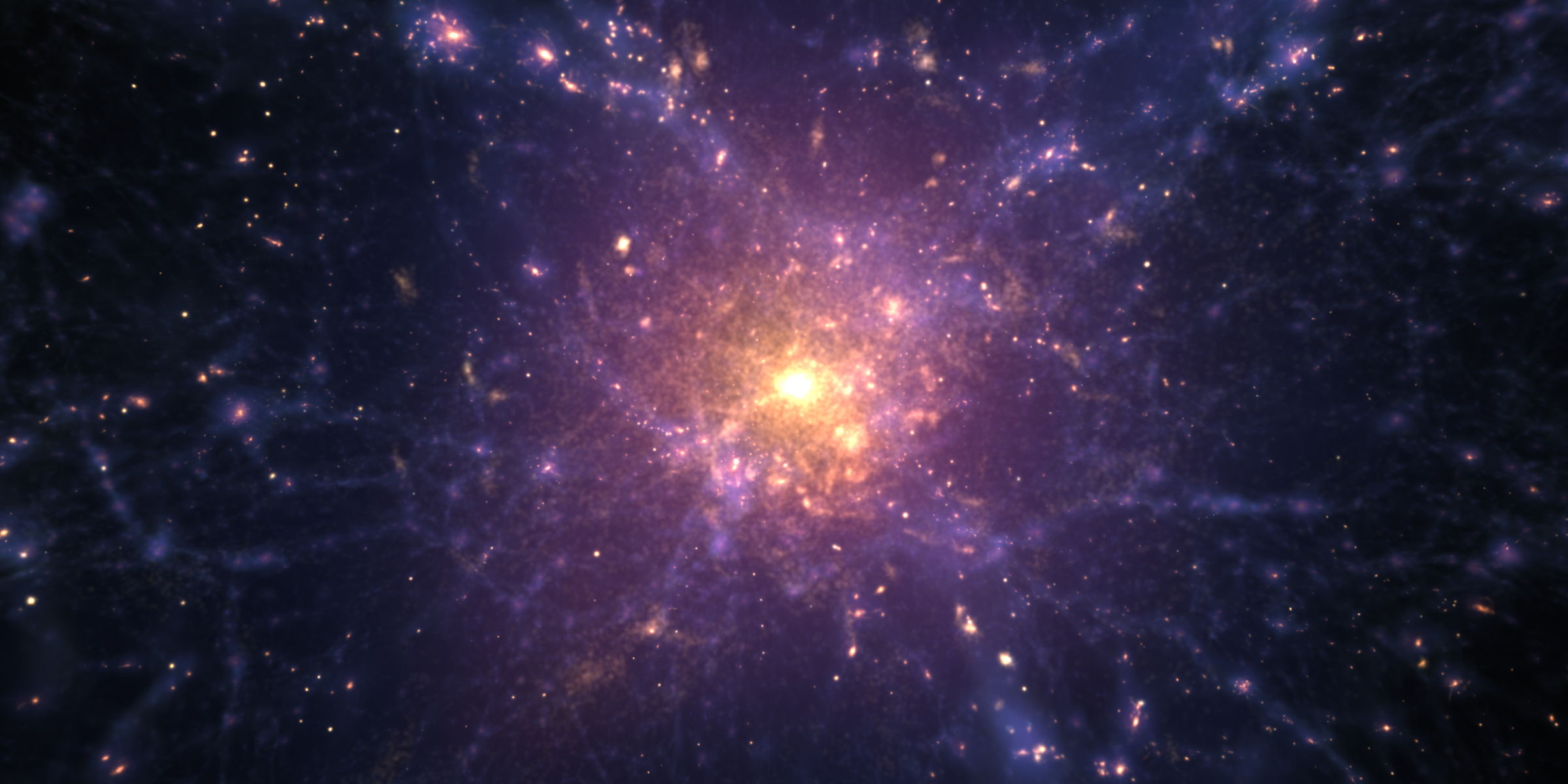 Artist’s concept of a scene during the Era of Reionization: Scattered across the black background are many small points of orange-yellow light. In the center is the largest orange-yellow orb, with its brightness illuminating its close surroundings. Purple clumpy material stretches across the scene, resembling a tangled spiderweb. It is densest surrounding the central orange-yellow light and becomes sparser toward the edges of the frame.