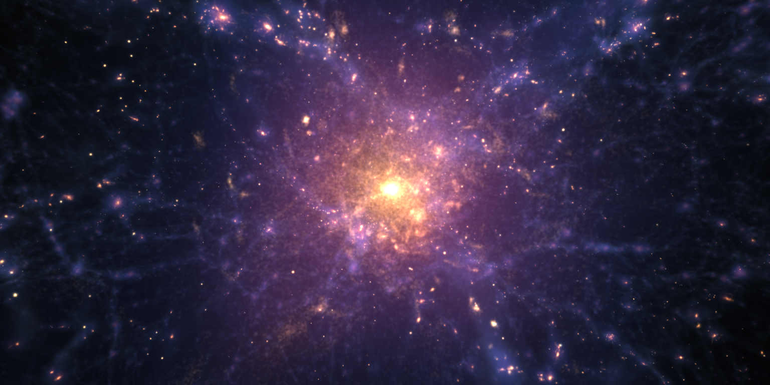 Artist’s concept of a scene during the Era of Reionization: Scattered across the black background are many small points of orange-yellow light. In the center is the largest orange-yellow orb, with its brightness illuminating its close surroundings. Purple clumpy material stretches across the scene, resembling a tangled spiderweb. It is densest surrounding the central orange-yellow light and becomes sparser toward the edges of the frame.