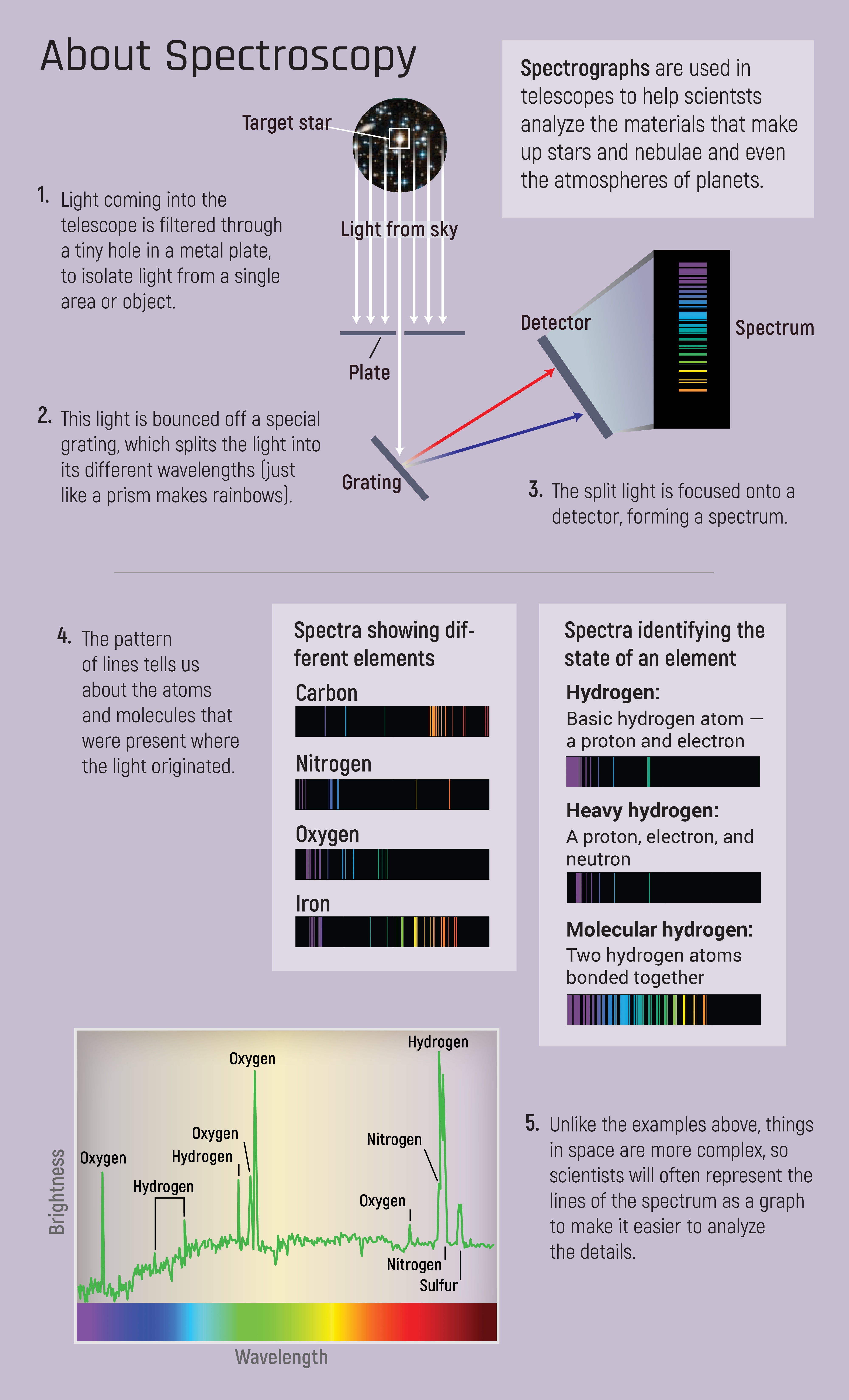 Infographic titled “About Spectroscopy” includes a definition of spectrographs and explanation of how the technique of spectroscopy works with text and graphics. Click View Description for more details.
