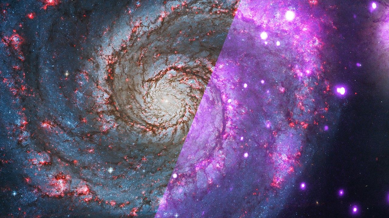 Image of a spiral galaxy; half shows visible light, half shows infrared light