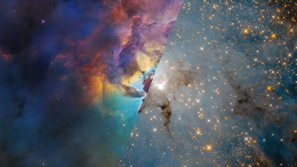 Image of a cloud of gas and dust with background stars; half shows visible light, half shows infrared light